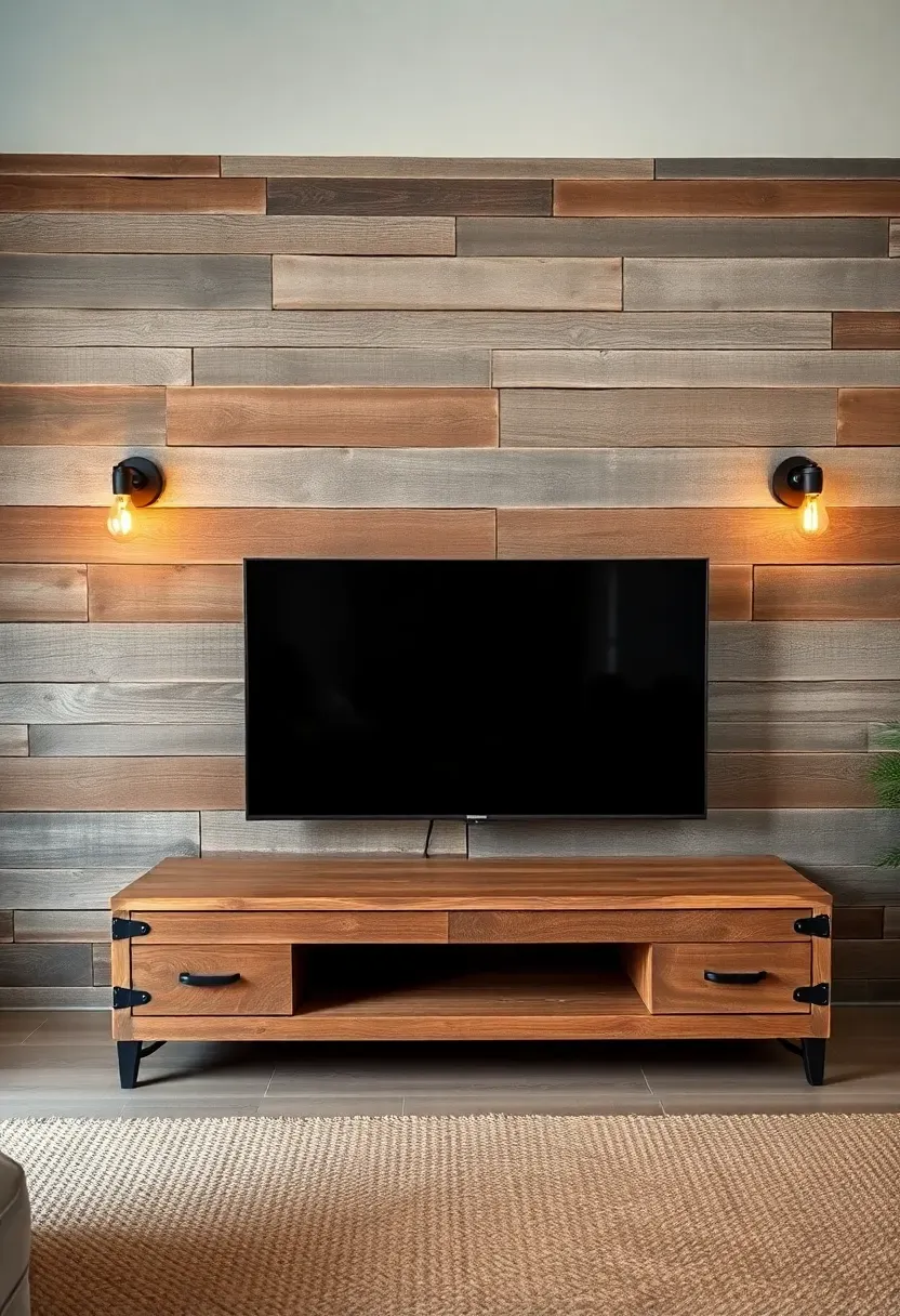 Rustic living room with horizontal reclaimed barn wood planks in mixed tones behind a TV with warm Edison bulb sconces on either side