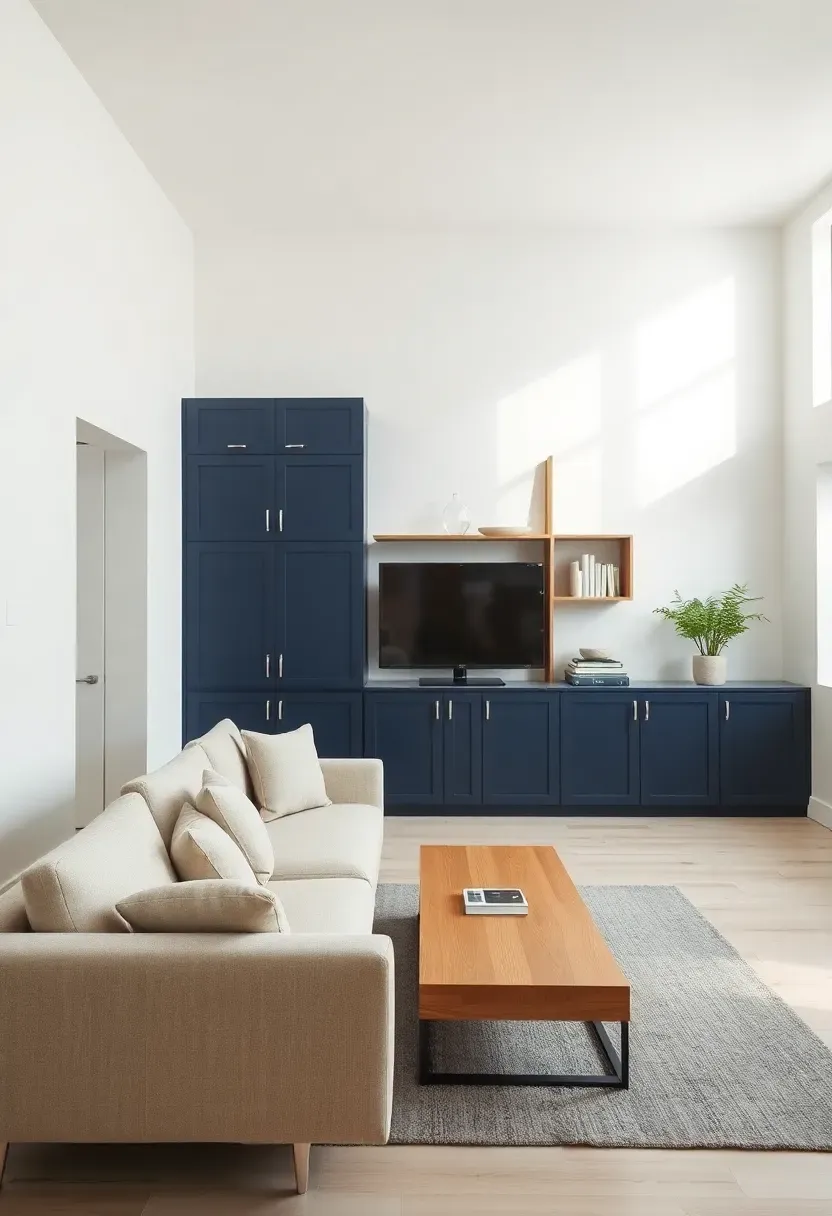 Hyper-realistic wide shot of minimalist living room with floor-to-ceiling built-in cabinets in navy blue white walls low beige sofa light oak coffee table minimal decor. Materials: matte navy blue cabinet paint crisp white walls beige linen sofa light oak wood table gray wool rug. Soft natural daylight subtle shadows showing cabinet depth and hardware organized sophisticated atmosphere. Sharp contrast between navy and white surfaces clean composition no visible clutter no text no logos.</p>