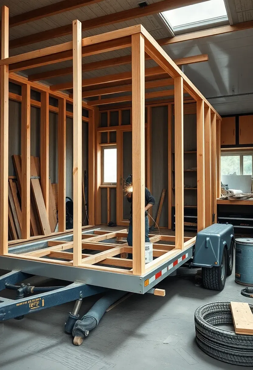 Hyper-realistic 3/4 view of tiny house construction showing the trailer frame foundation with welding and wood framing in progress. Materials: steel trailer chassis, pressure-treated wood framing, copper piping visible. Diffused workshop lighting, construction tools and materials organized, architectural blueprint aesthetic. Professional craftsmanship mood, technical detail focus, no text or watermarks.</p>