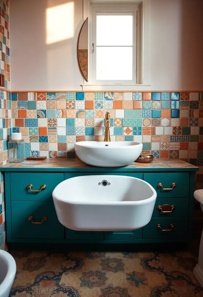 Eclectic bathroom backsplash combining leftover tiles of different sizes, colors, and materials in a patchwork pattern behind a colorful vanity with vintage brass fixtures