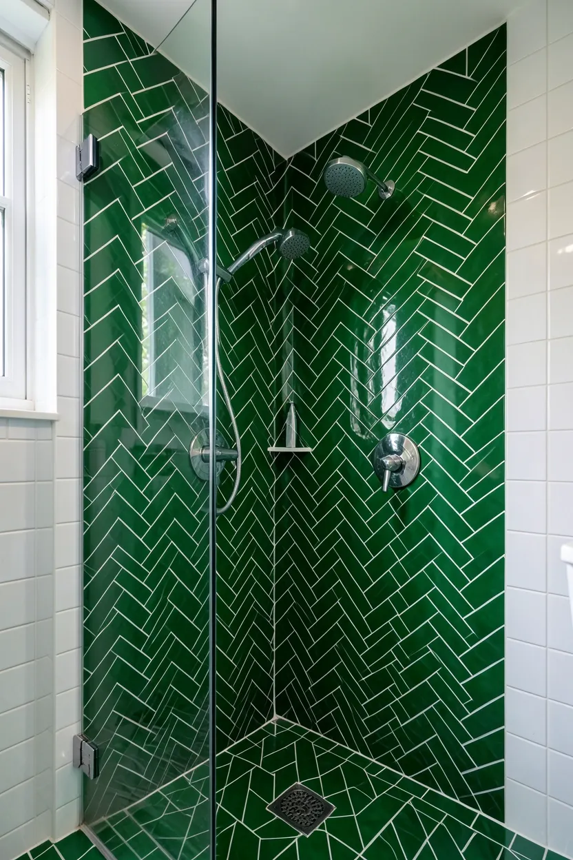 Hyper-realistic eye-level photograph of a modern colorful bathroom shower showing bold green subway tiles in herringbone pattern with white grout, glass shower door, chrome shower head, white subway tile walls outside shower. Natural light. Materials: bold green ceramic subway tiles, white grout, tempered glass, chrome fixtures, white ceramic tiles. Vibrant green shower pattern. Dramatic organic energy. No text, no logos, no watermarks.