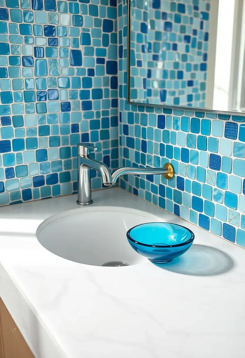 Colorful mosaic tile backsplash surrounding a simple white undermount bathroom sink