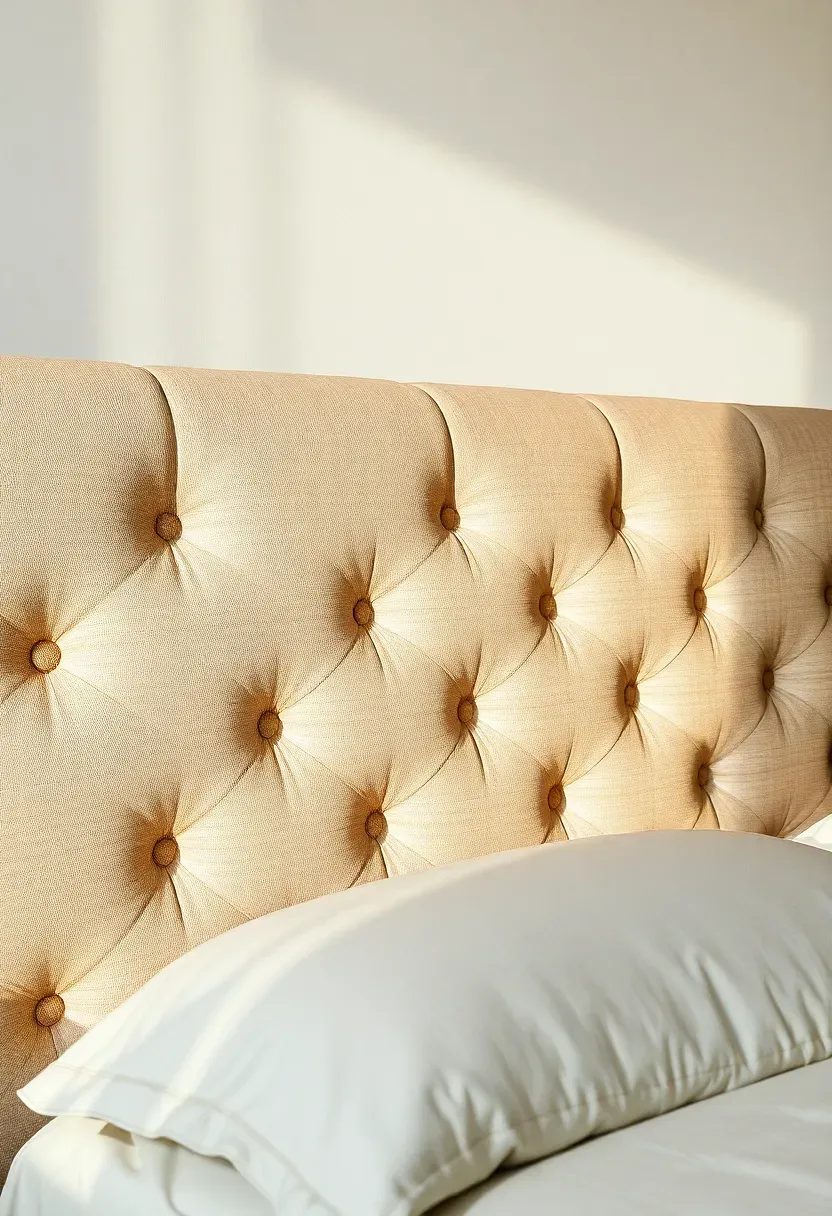 Tufted upholstered headboard in soft linen with button details