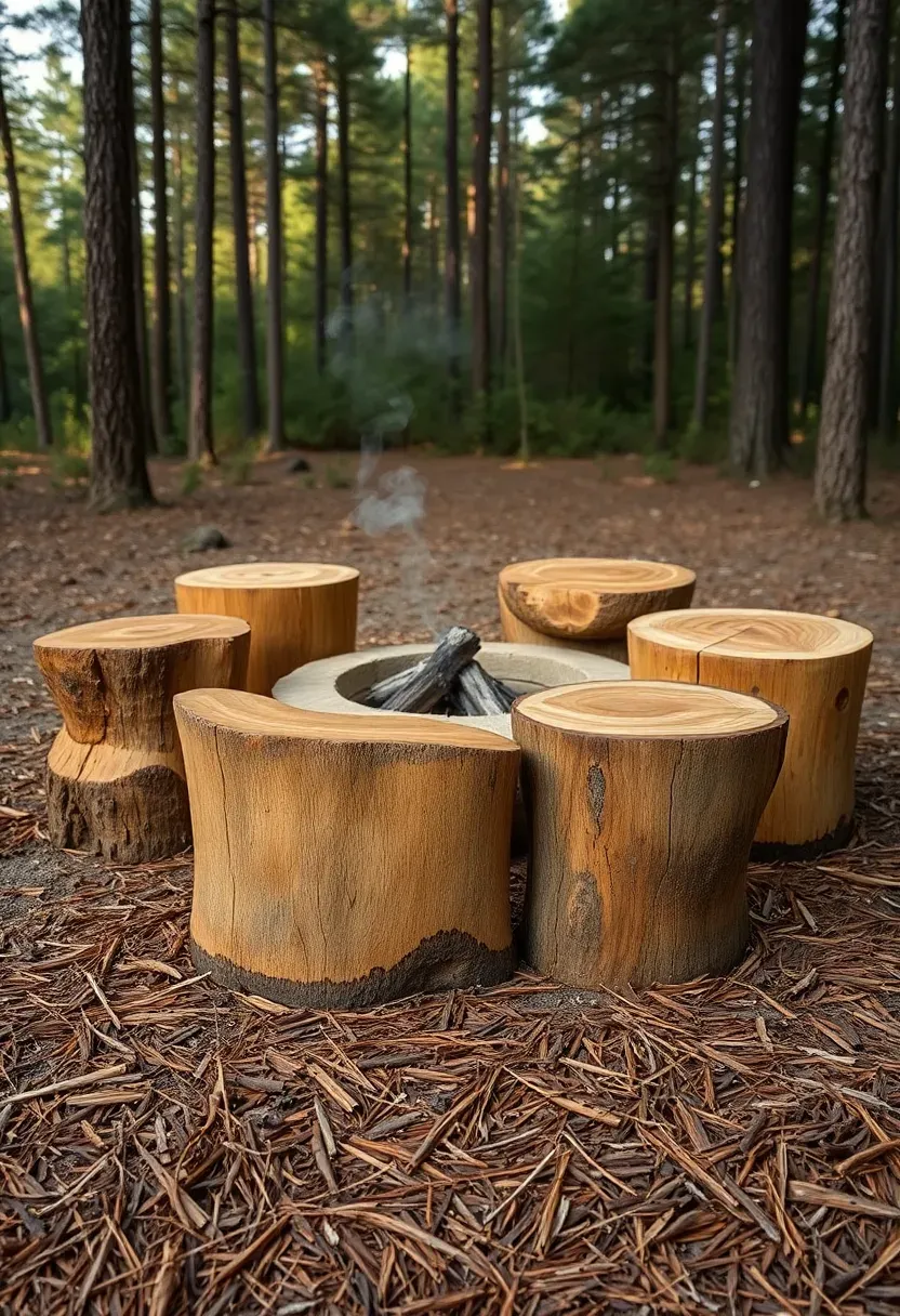 Group of natural tree stump stools arranged around a low fire pit in a rustic backyard clearing with pine needles on the ground