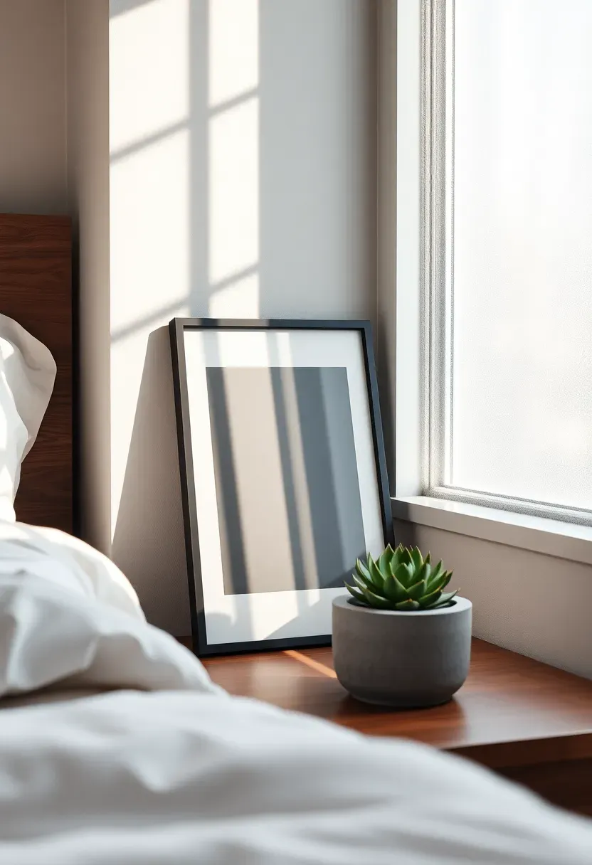 Small framed black and white photo leaning against a wall on a side table with a tiny plant