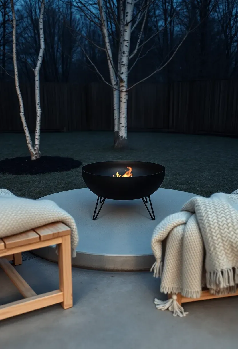 Scandinavian minimalist backyard fire pit with matte black steel bowl on hairpin legs, birch plywood benches, wool throws, and birch tree at dusk