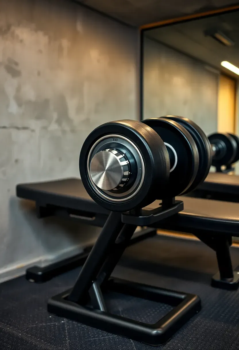Adjustable dumbbell set on a compact stand in a basement gym corner, dial mechanism visible, with a flat bench beside it