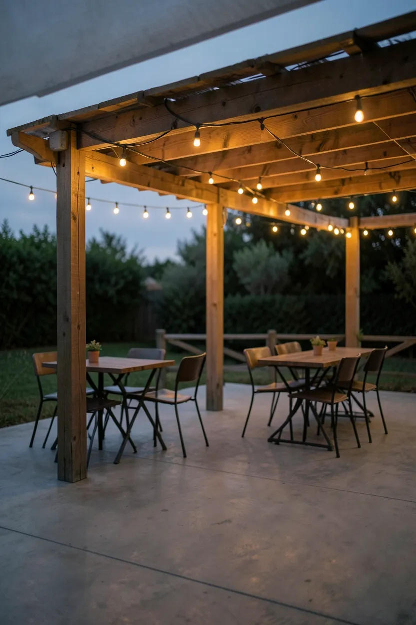 Concrete Patio with Pergola and String Lights
