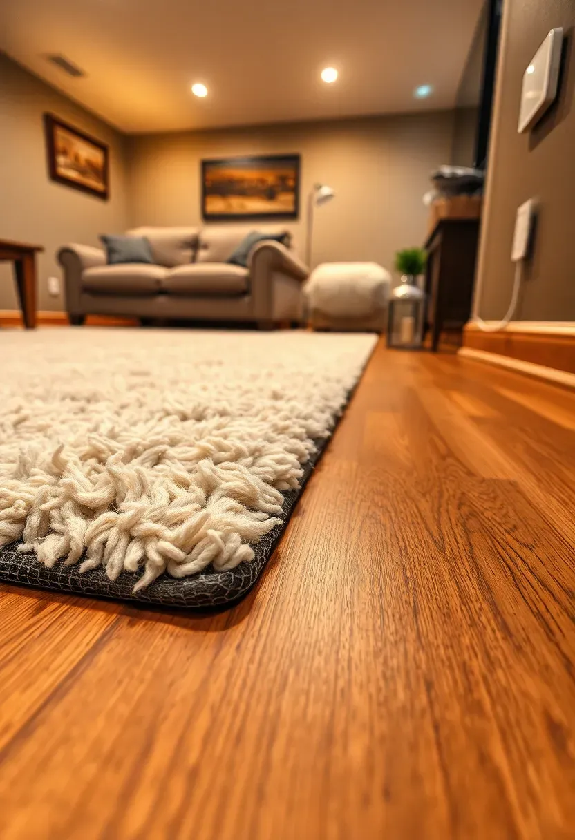 basement family room with radiant heated floor mat under area rug showing cozy warm atmosphere