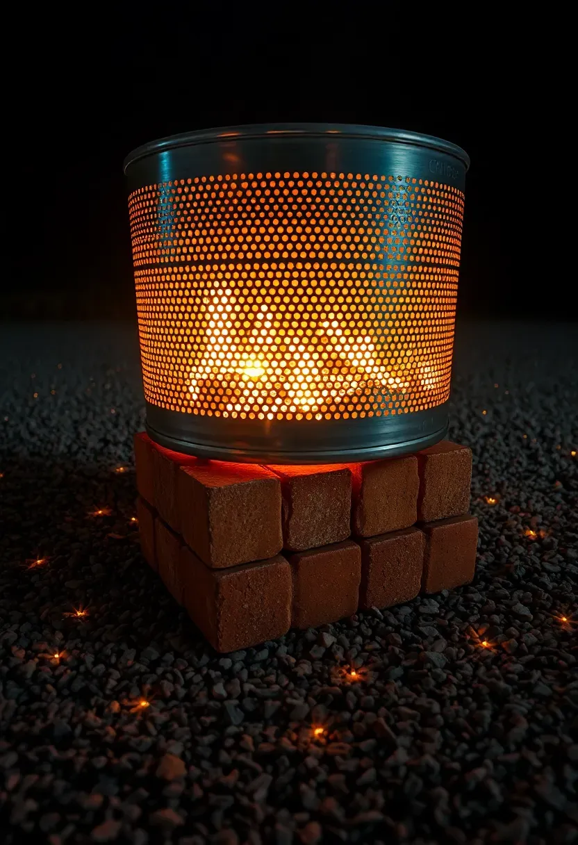A repurposed stainless steel washing machine drum firepit with holes glowing from interior flames at night