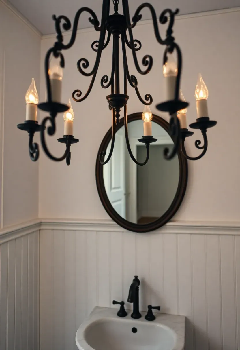 Dark wrought iron candelabra chandelier with electric candle bulbs in a traditional bathroom with wainscoting