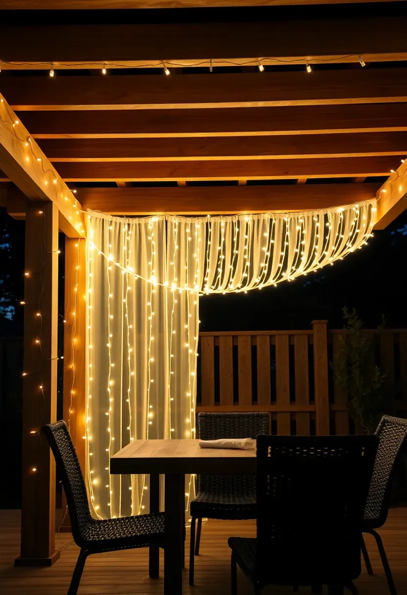 A backyard pergola draped with warm white curtain fairy lights hanging vertically between the rafters creating a glowing canopy over a dining area