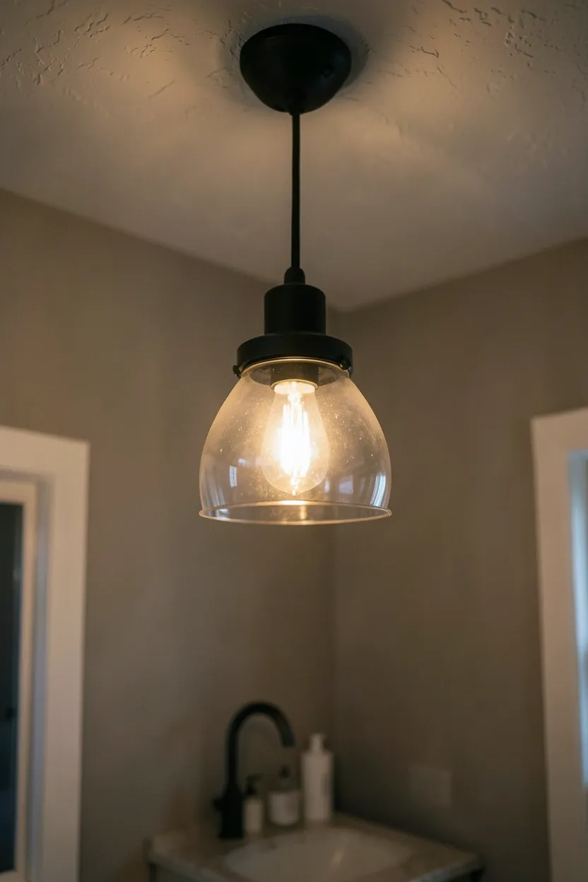 Industrial cage pendant lights in aged brass above a farmhouse bathroom vanity with warm glow