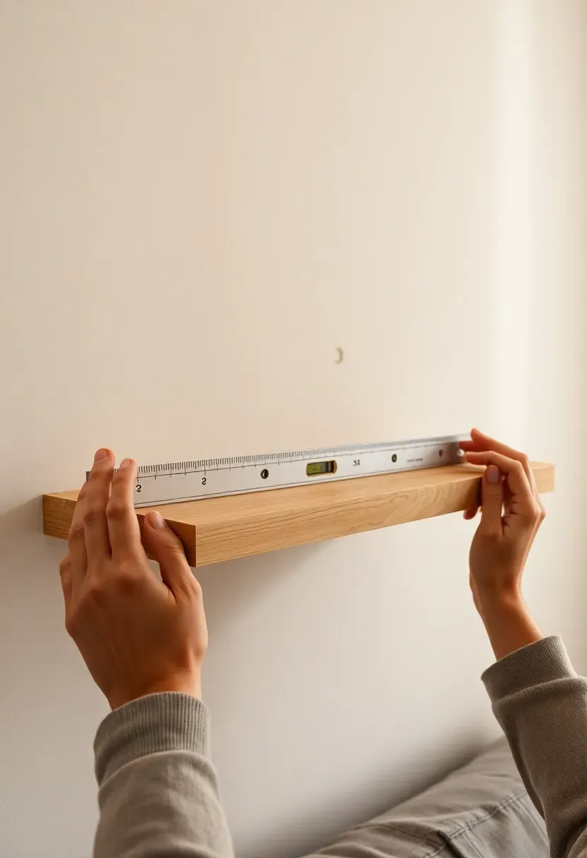 Hands leveling a light oak floating shelf against a warm white living room wall — spirit level balanced on shelf top, drill holes visible in plaster behind, afternoon window light