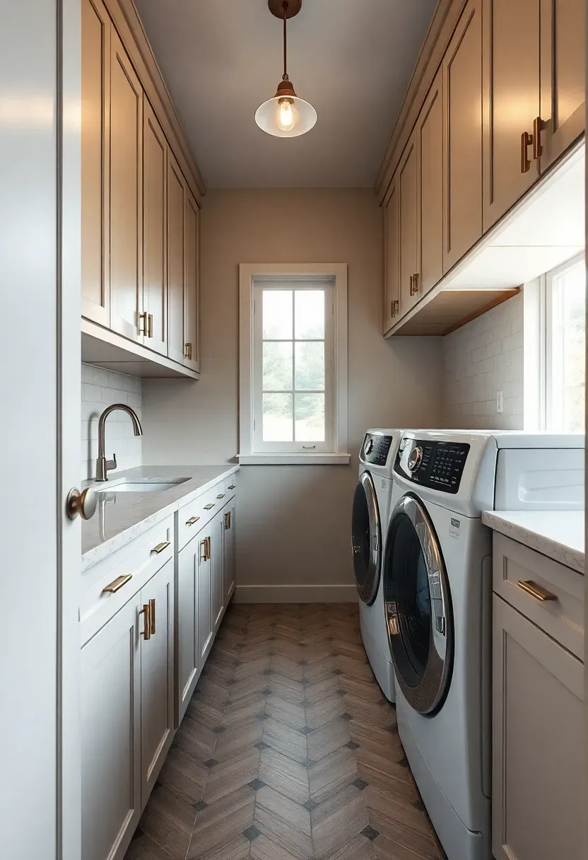 Hyper-realistic straight-on view down narrow galley laundry, side-by-side washer and dryer on right, narrow countertop on left, upper cabinets on both sides, porcelain tile floor in herringbone pattern, pendant light at ceiling, room ending with window. Materials: painted cabinets, quartz countertop, ceramic tile, brass pendant fixture. Natural light from end window, balanced artificial lighting. Compact efficient mood, leading lines perspective. No text, no logos, no watermarks.</p>