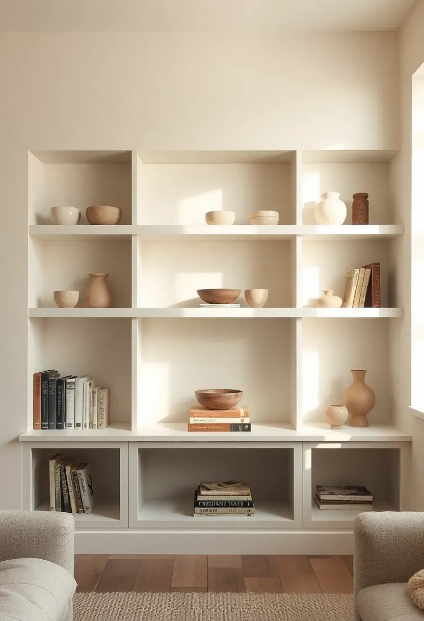 Hyper-realistic front view of built-in shelving units in rustic minimalist living room, painted to match cream walls. Materials: white painted wood shelves, collection of neutral ceramic objects, vintage books, small wooden bowl. Natural daylight from window, soft shadows creating depth. Composition showing edited objects with negative space between. No text, no logos, interior design magazine style.</p>
