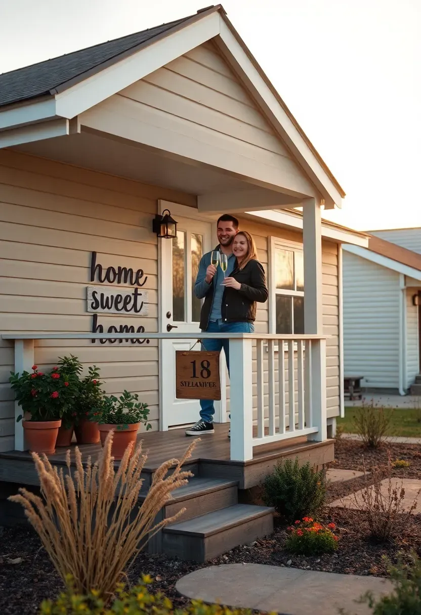 Hyper-realistic exterior view of tiny house in modest community setting showing young couple standing on porch celebrating with champagne glasses, visible 