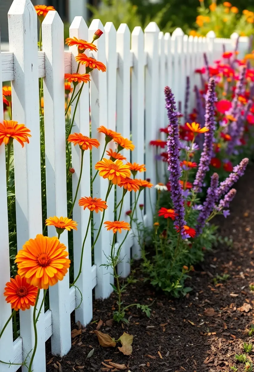 Colorful annual flower border running along a white picket fence with zinnias, marigolds, and cosmos in warm summer tones