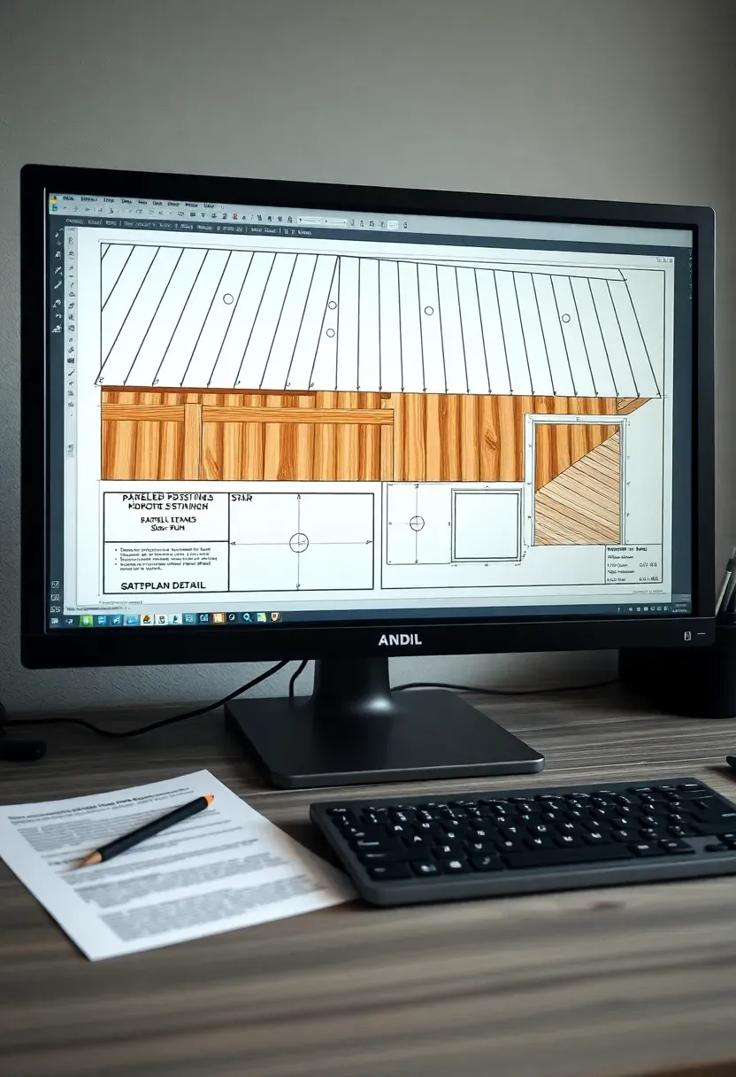 BricsCAD Lite workspace showing a detailed deck plan with joist layout, railing sections, and stair dimensions for a backyard project