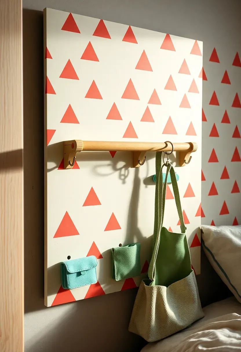 Painted pastel pegboard organizer wall display in a teen bedroom with hooks, shelves, and accessories as decorative wall art