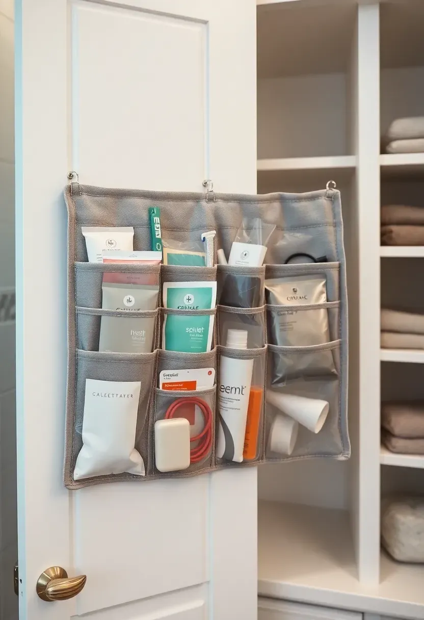 Fabric pocket organizer hanging on the inside of a bathroom vanity cabinet door with products in each pocket