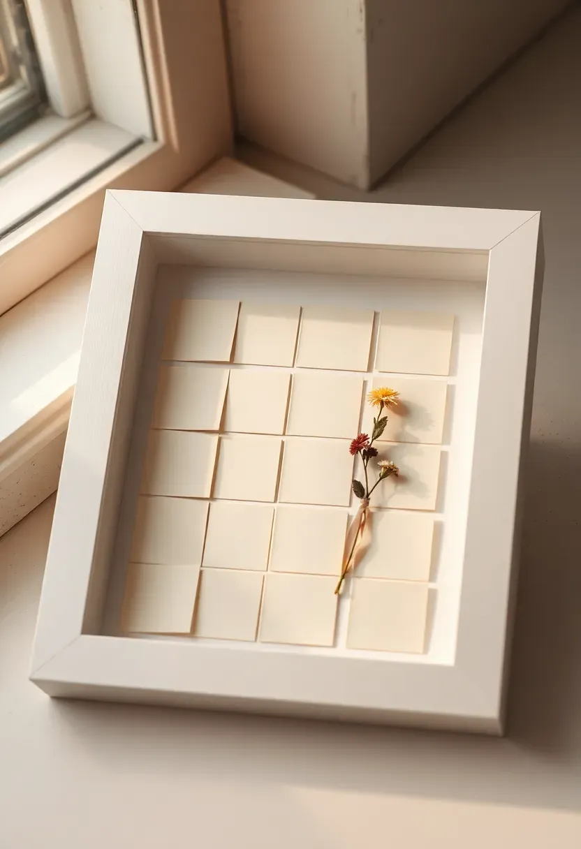 baby shower shadow box display with small cards messages keepsakes and photos arranged inside a deep white frame as a decorative memory keepsake at a nursery styled party