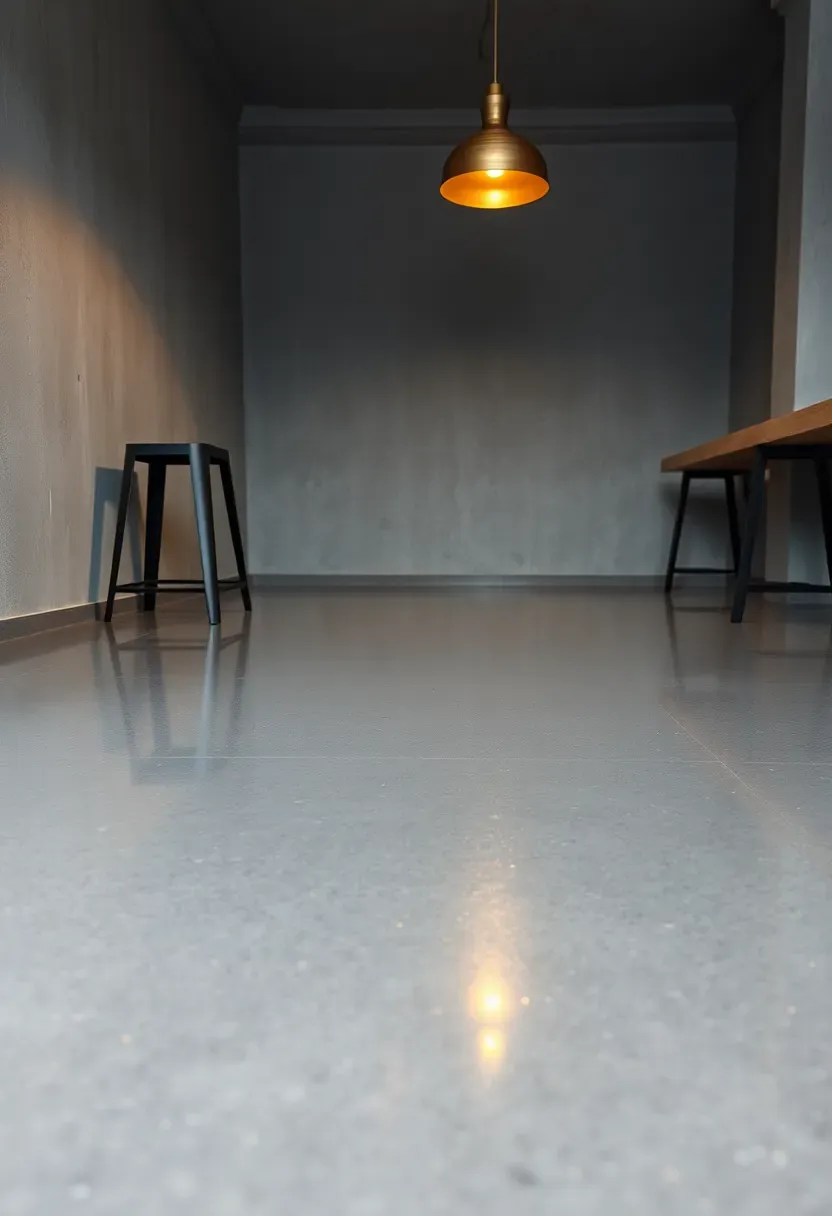 Sleek gray epoxy-coated basement floor with a subtle metallic flake finish reflecting overhead pendant lights