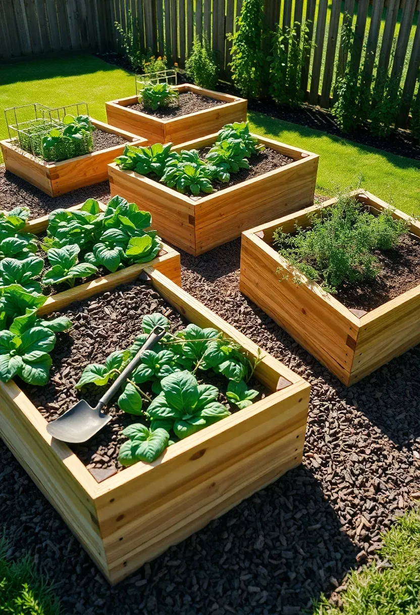 A grid of four raised cedar garden beds filled with vegetables and herbs, separated by wood chip paths in a sunny backyard