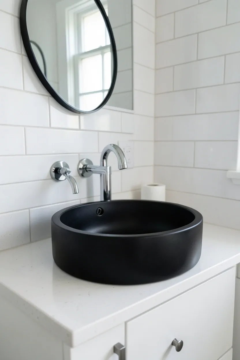 Hyper-realistic eye-level photograph of a modern black bathroom featuring matte black ceramic vessel sink on white vanity cabinet with white quartz countertop, chrome gooseneck faucet, white subway tile wall, small round mirror. Natural light. Materials: matte black ceramic sink, white wood, white quartz, chrome fixtures, white ceramic. Dramatic black sink focal point. Clean modern aesthetic. No text, no logos, no watermarks.</p>