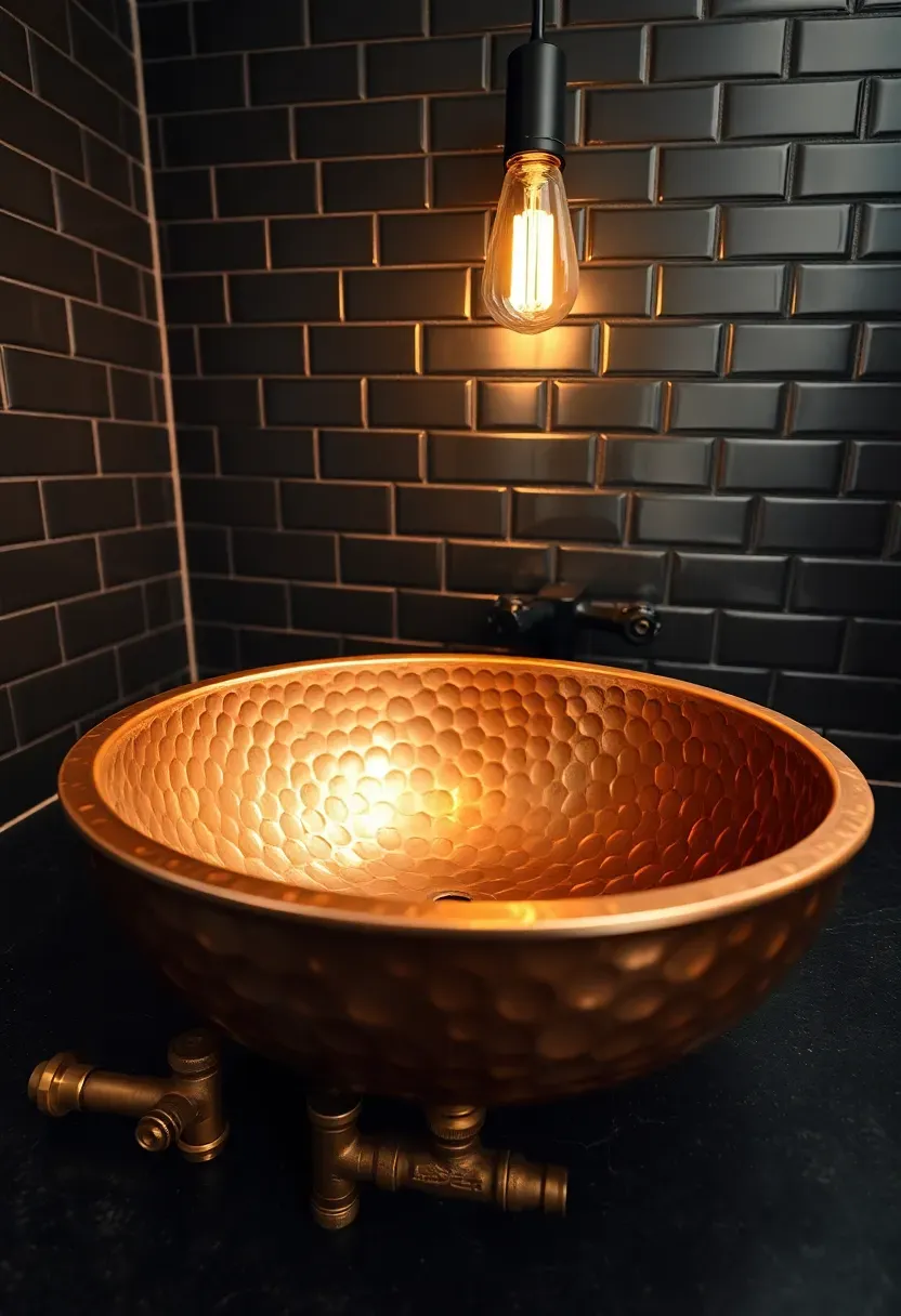 Hammered copper basin sink with exposed brass plumbing pipes against a dark tiled wall