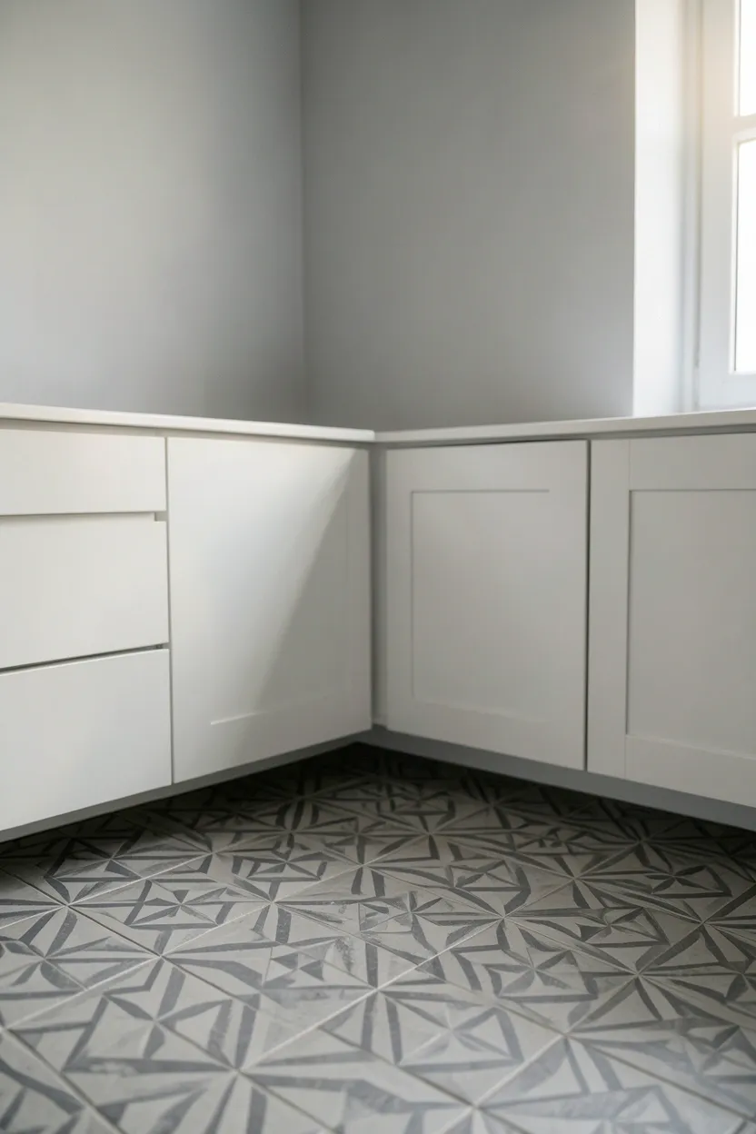 Grey bathroom with Moroccan-style patterned cement floor tiles and simple white walls keeping the focus on the floor design