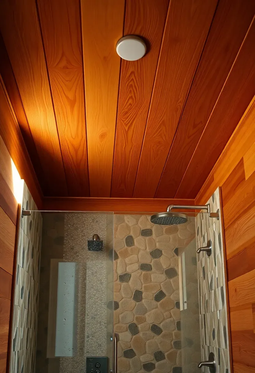 Aromatic cedar plank ceiling with warm reddish-brown tones in a bathroom with natural stone shower walls
