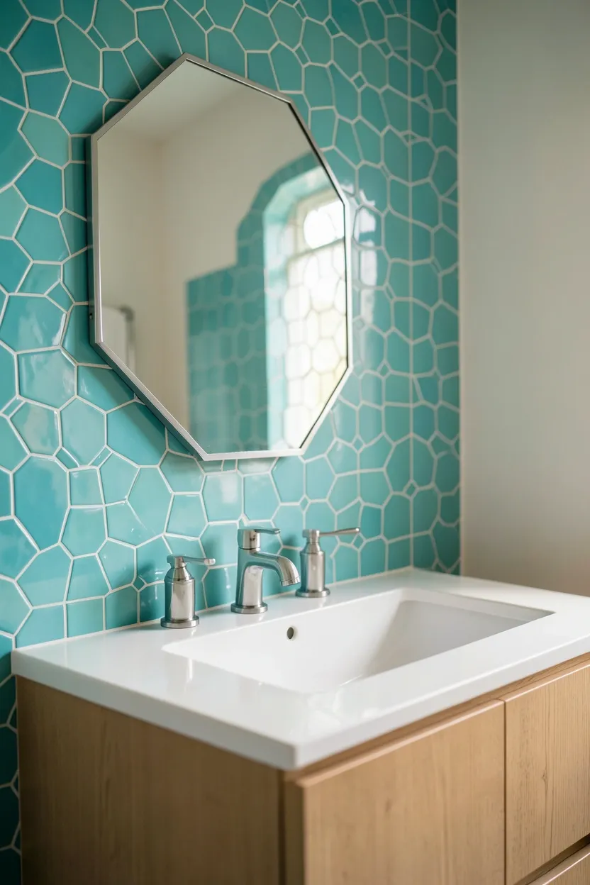 Toca Boca bathroom with colorful hexagonal floor tiles, white walls, and geometric patterned shower curtain