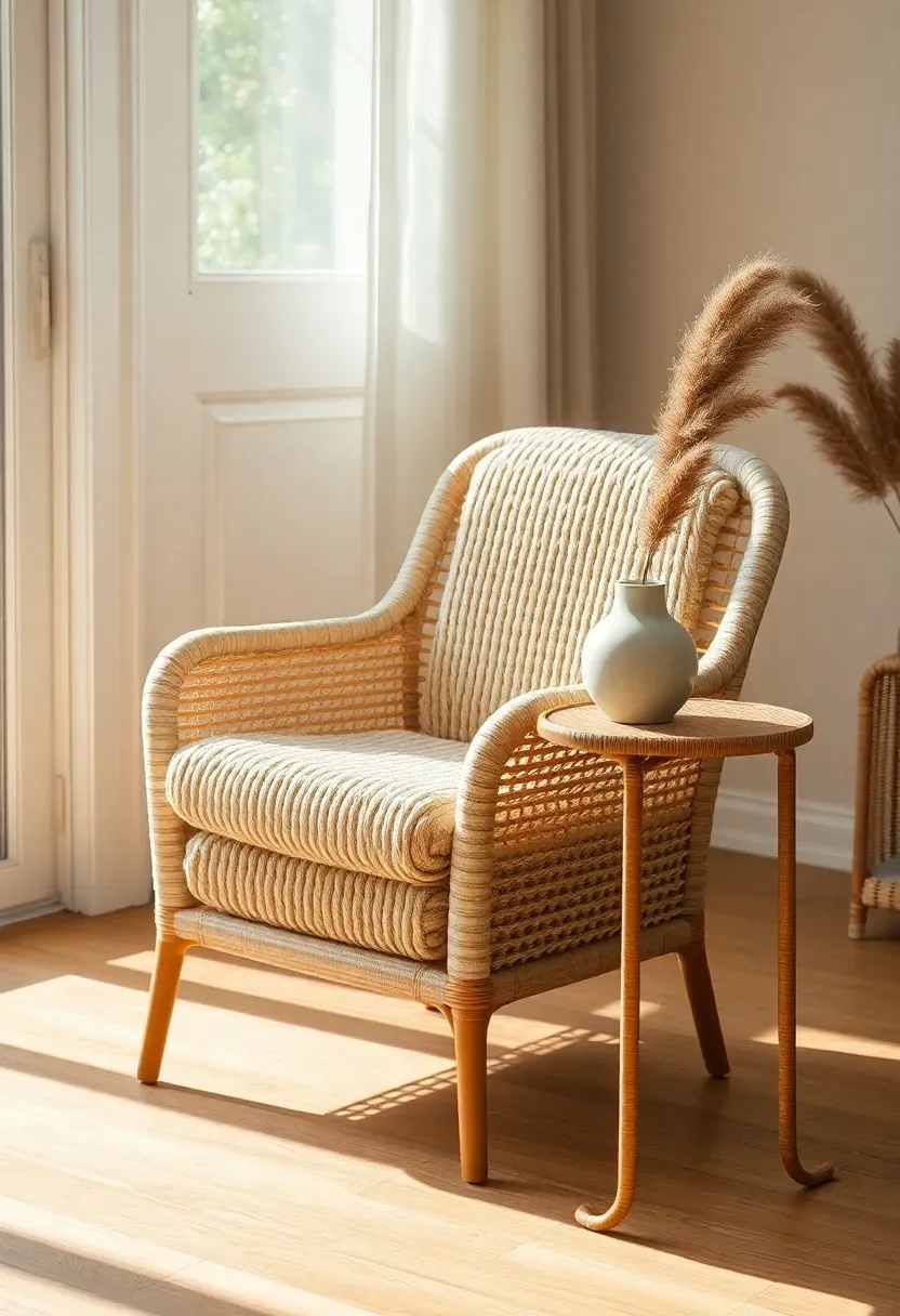 Textured bouclé accent chair in natural cream beside a rattan side table with a ceramic vase and single dried stem