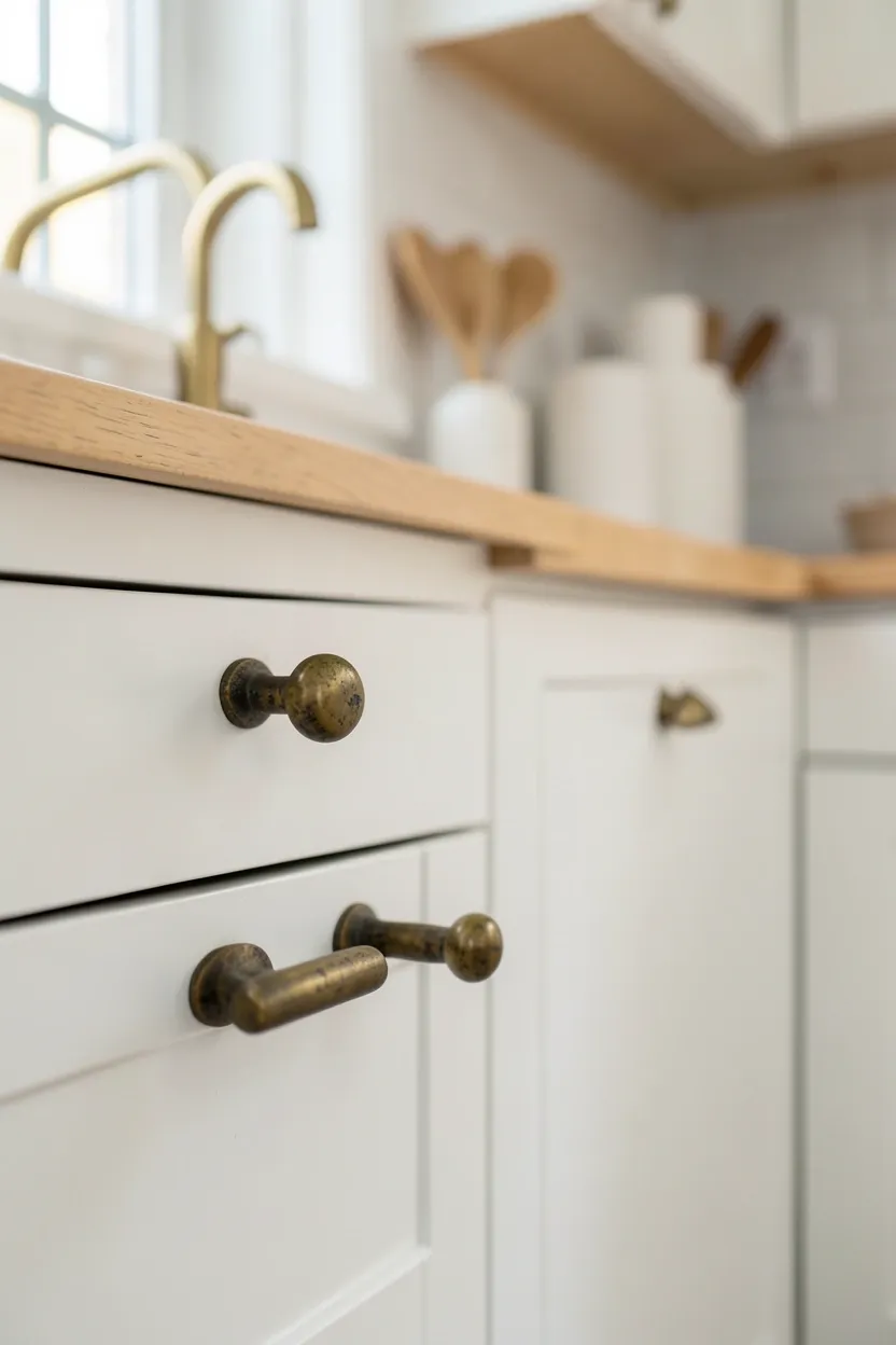 Aged brass cabinet pulls on white Scandinavian kitchen cabinet doors — warm metallic hardware accents adding subtle warmth to a Nordic kitchen