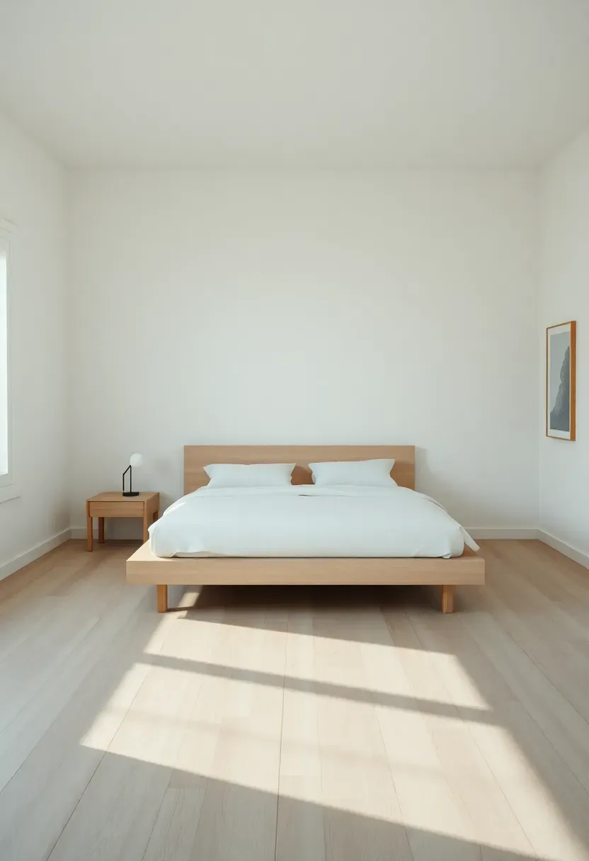 Hyper-realistic wide shot of minimalist bedroom showcasing intentional negative space. Materials: simple platform bed with crisp white linens, one small nightstand with single lamp, large empty wall above bed, ample floor space around bed, light wood floor, white walls. Bed positioned with generous space on all sides. One small artwork on opposite wall, leaving most walls empty. Natural light emphasizing open space. Sharp focus on clean lines and empty areas. Visible room context showing abundant breathing room. No text, no logos, no watermarks.</p>