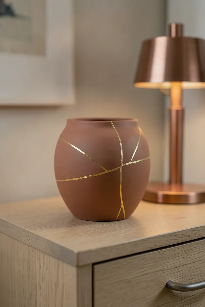 Kintsugi ceramic vessel with gold repair lines displayed on a wooden nightstand in a wabi sabi bedroom