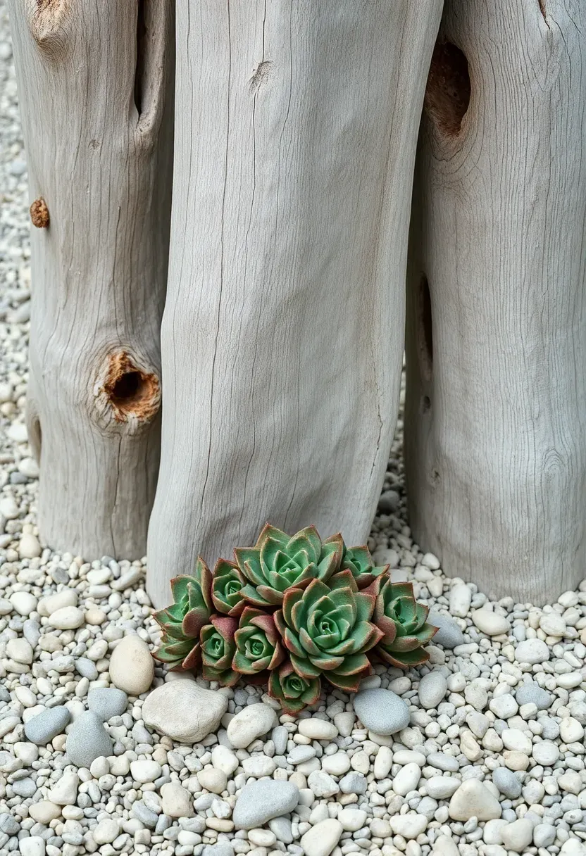 Sculptural arrangement of sun-bleached driftwood pieces displayed upright on a gravel bed with low succulents planted at the base