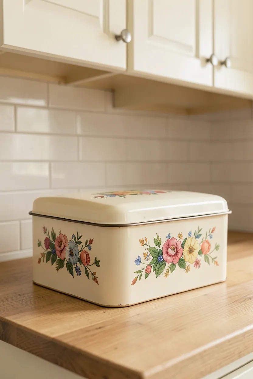 Enameled vintage bread box with distressed finish on a butcher block farmhouse kitchen countertop