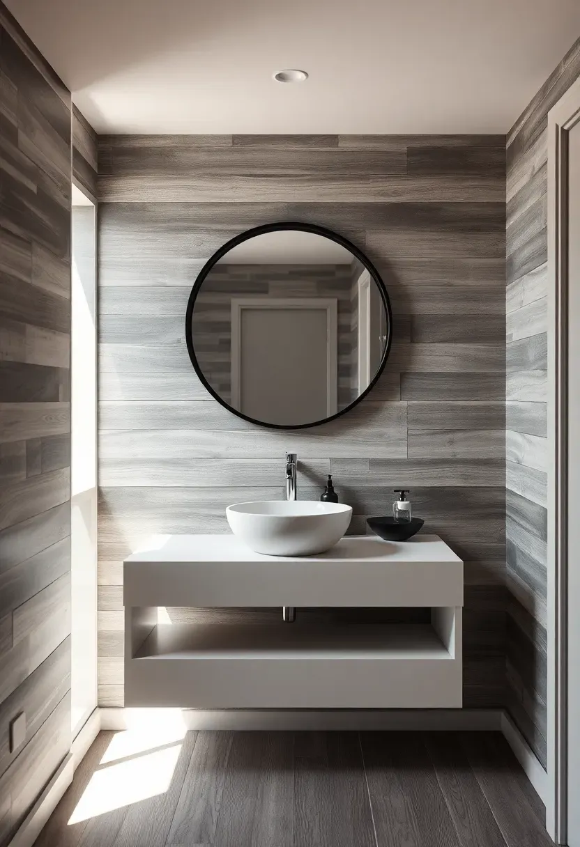 Reclaimed wood plank accent wall in mixed weathered gray tones behind a modern floating vanity in a bathroom