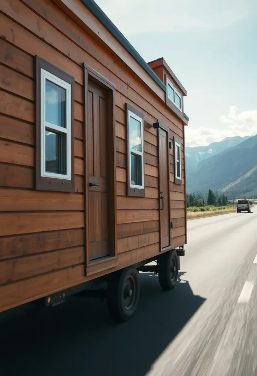 Hyper-realistic 3/4 view of a tiny house on wheels being towed on a scenic highway with mountains in the background. Materials: painted wood siding, metal trailer frame, safety chains visible. Bright daylight showing movement and travel capability. Adventurous freedom mood with blurred landscape suggesting journey and change. Shallow depth of field, sharp house details, dynamic motion composition. No text, no logos, no watermarks.</p>