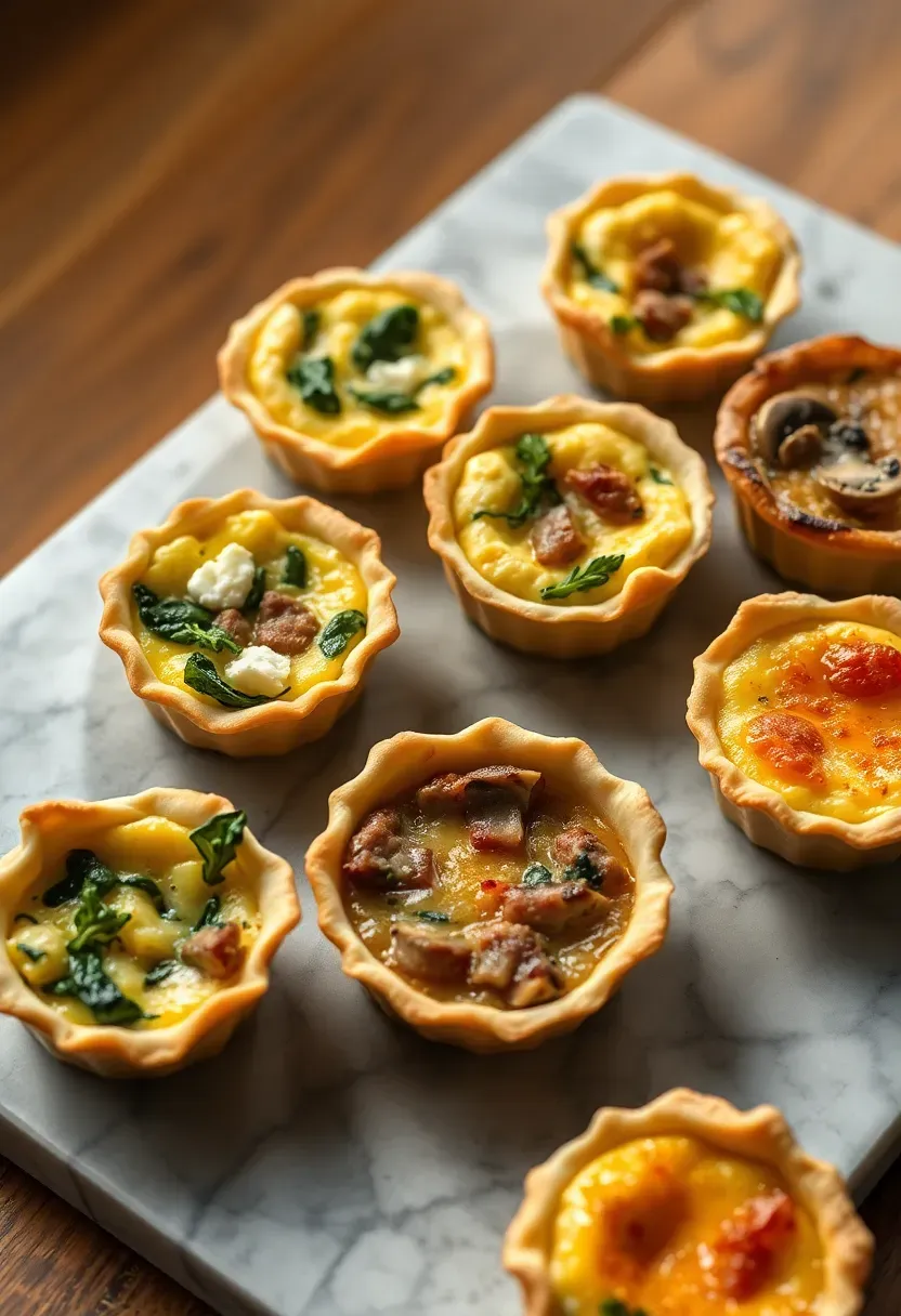 assorted mini quiche cups with different fillings like spinach mushroom and bacon on a marble serving board at a baby shower