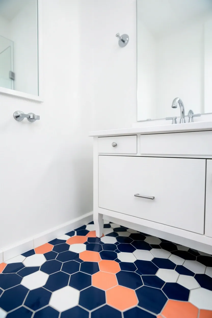 Toca Boca bathroom with bold geometric patterned floor tiles in navy, white, and coral hexagons