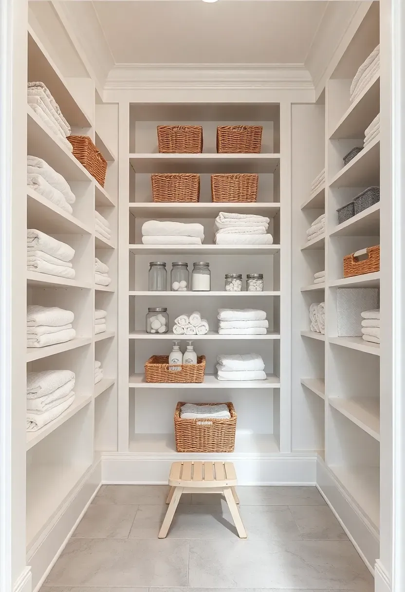 Floor-to-ceiling bathroom linen closet with painted white shelves stretching from baseboard to ceiling crown molding, fully stocked