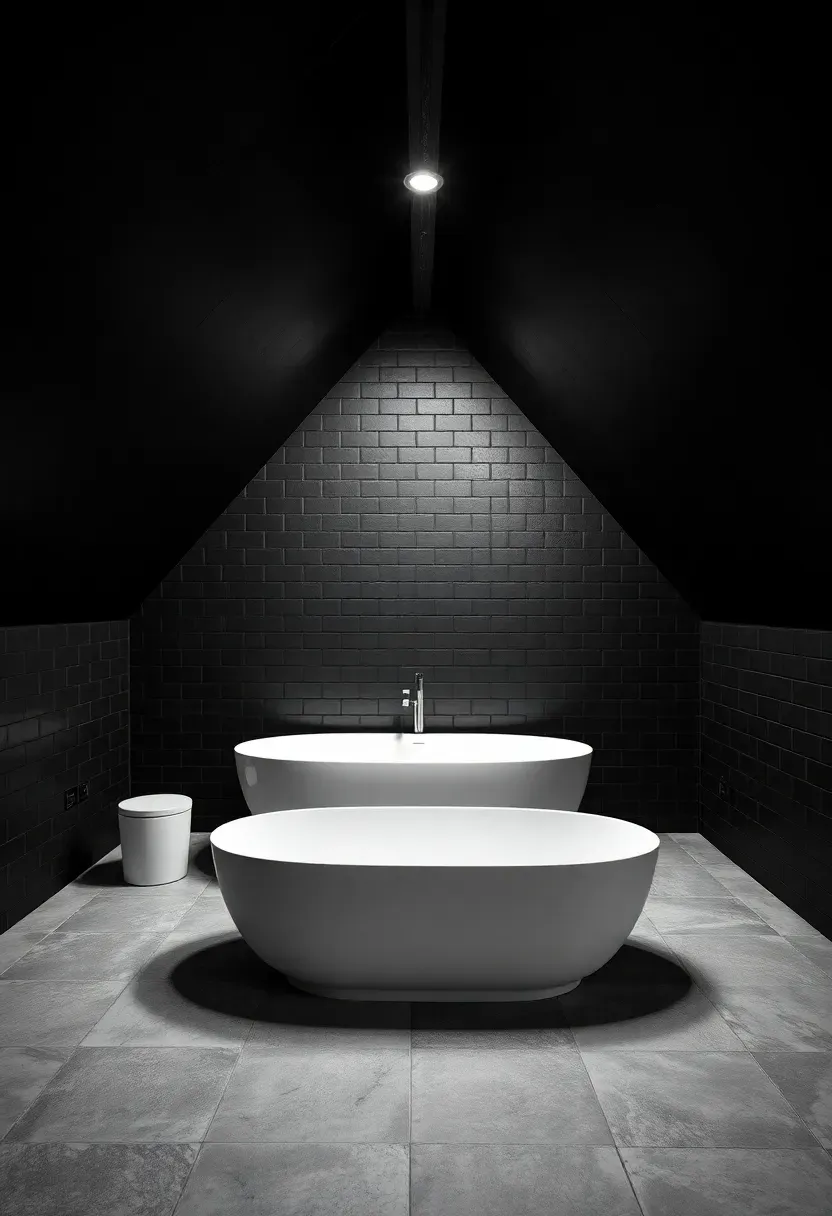 All-black attic bathroom with matte black porcelain tile on ceiling and walls following the roof pitch, polished concrete floor, white freestanding oval tub as the sole bright element, and LED halo at the ceiling peak