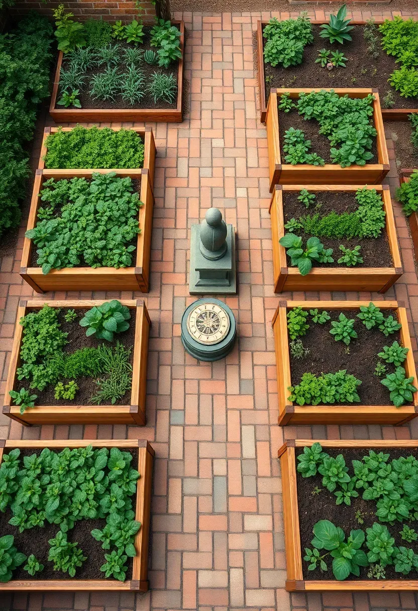 Four-square formal kitchen garden layout with raised beds in a cross pattern, separated by brick pathways and a central sundial feature, lush with vegetables and herbs