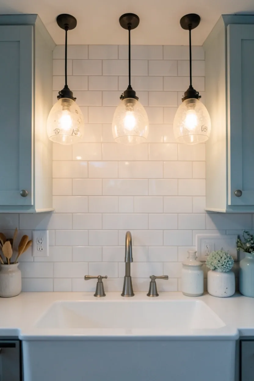 Sea Glass Pendant Lights Over Farmhouse Sink