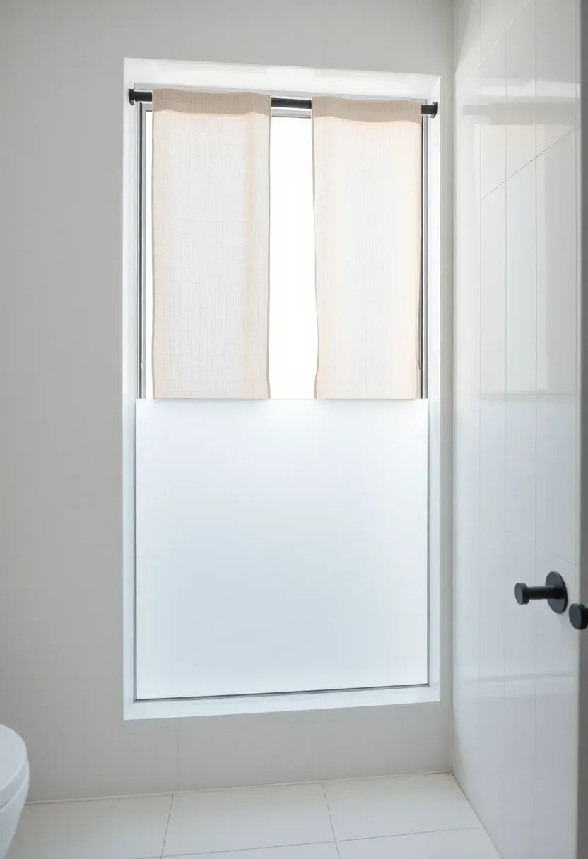 Bathroom window with frosted privacy film on lower half and a light linen curtain panel on the upper half clean modern look