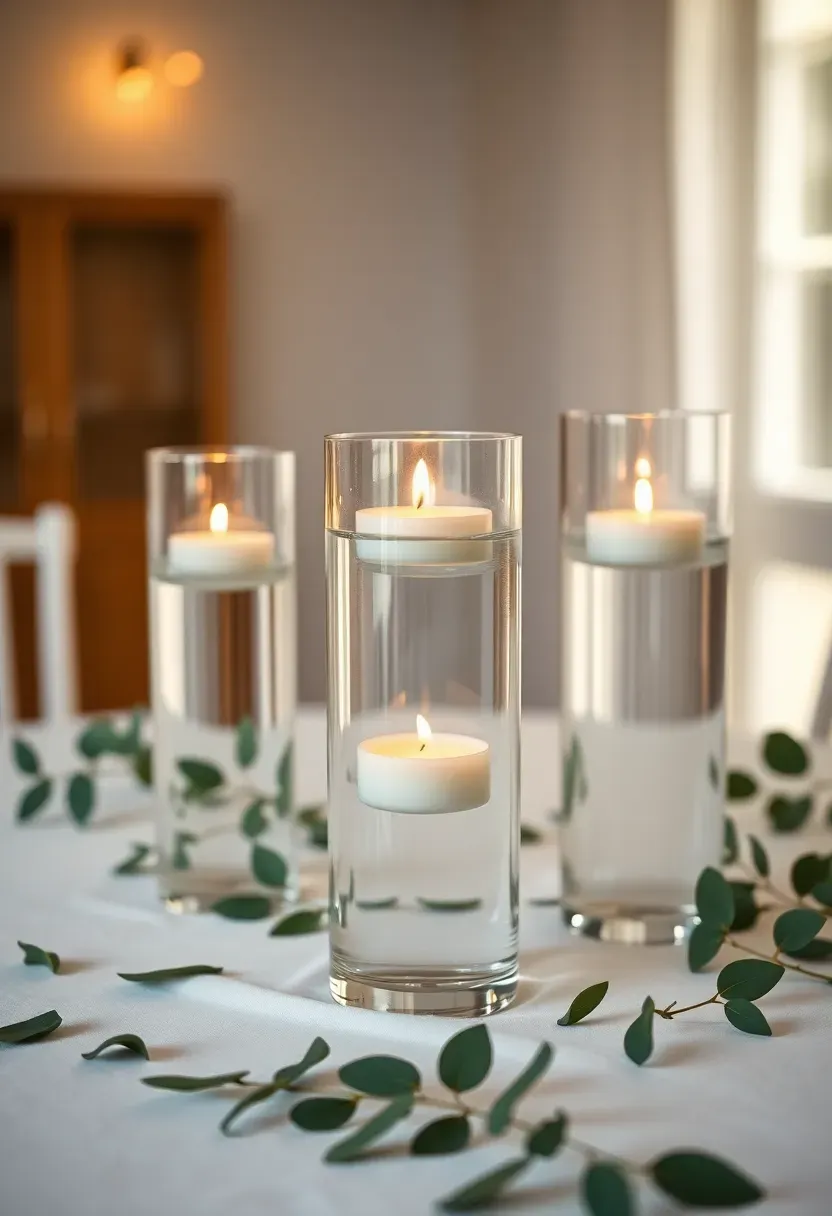 elegant floating candle centerpieces in clear glass cylinder vases with submerged flowers and greenery on a white linen baby shower table setting