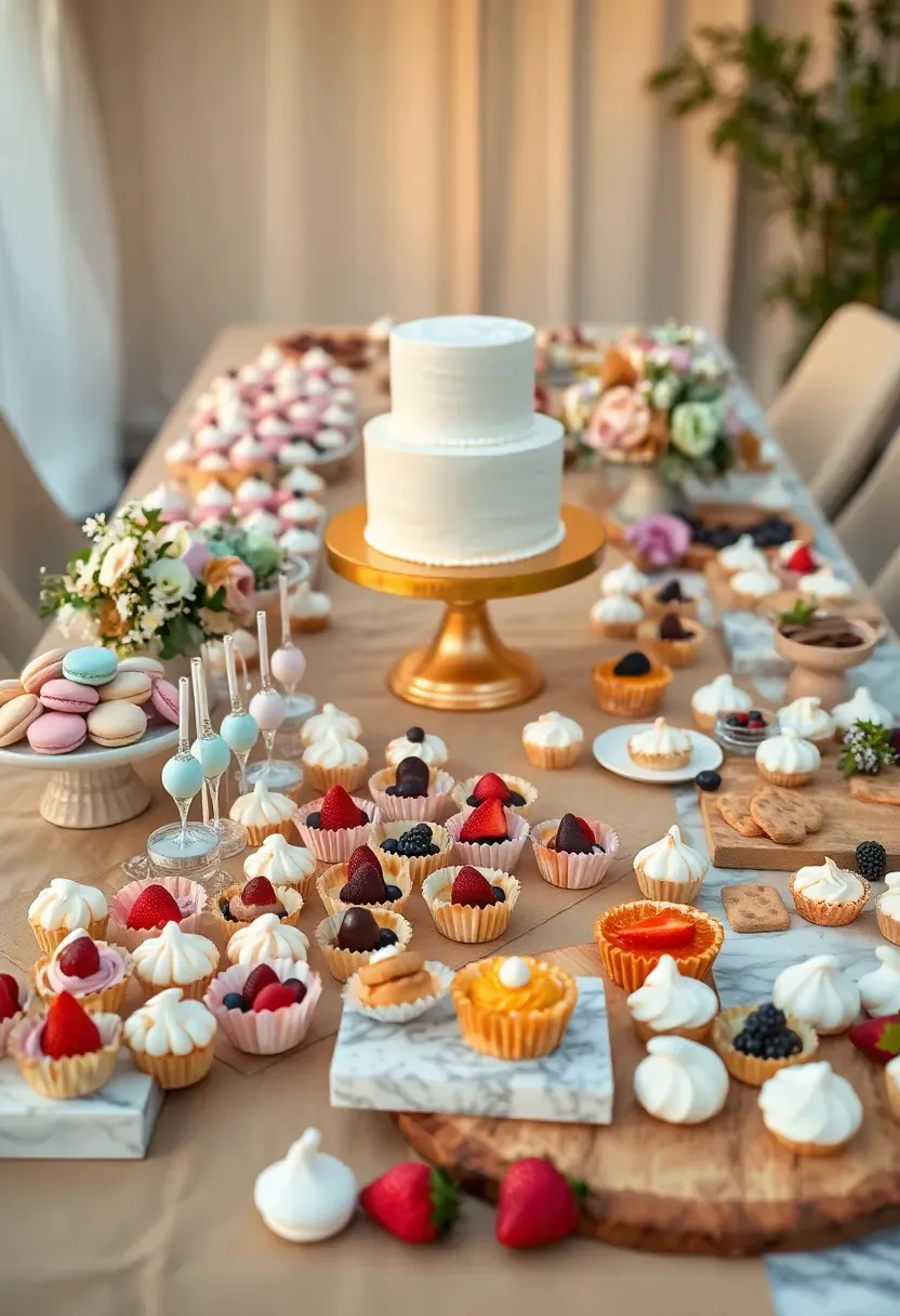 dessert grazing table for a baby shower with macarons, chocolate truffles, mini cupcakes, fruit tarts, cake pops, cookies, and meringue kisses on marble and wood surfaces